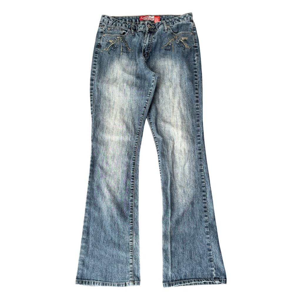 Y2K Lazer Jeans Womens Size 10 Flare Bootcut Embellished Denim Jeans Blue Wash